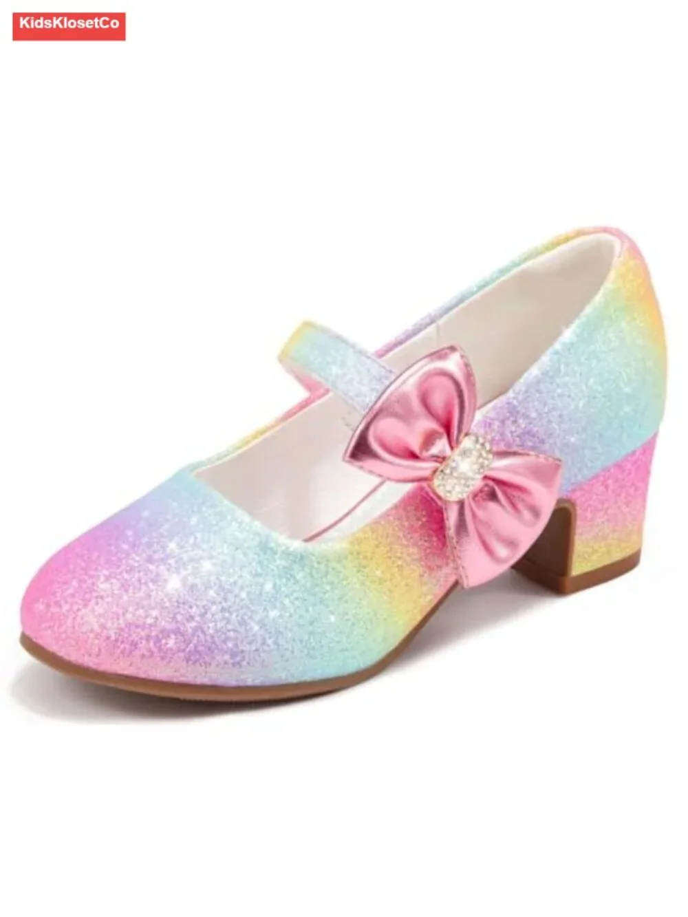 Girls Mary Jane Heels with Bow Sparkly Dress Shoes for Wedding Party